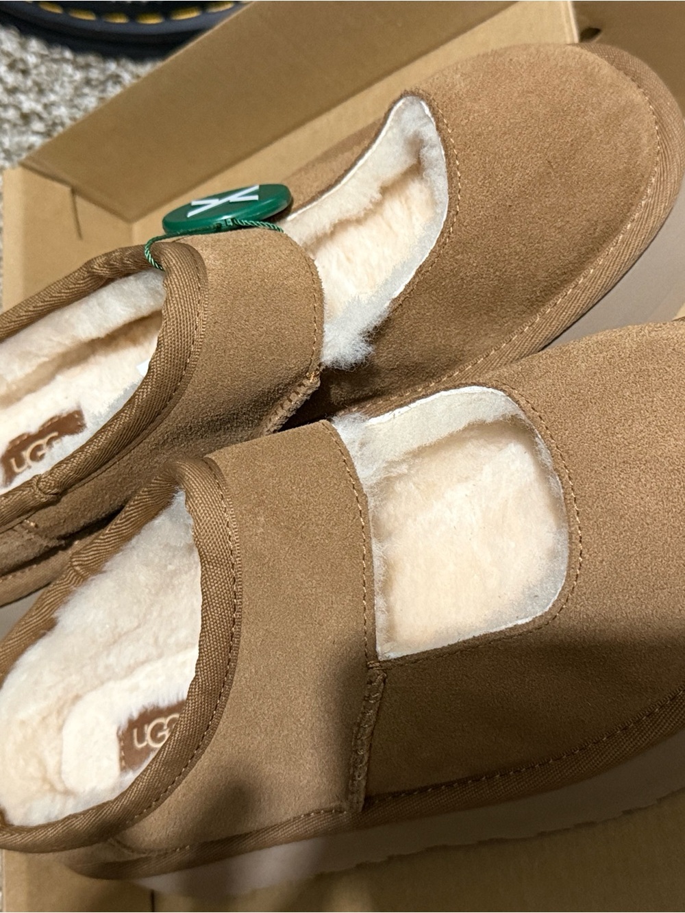 UGG Chestnut Suede Bea Mary Jane Slippers with Cream Sheepskin Lining